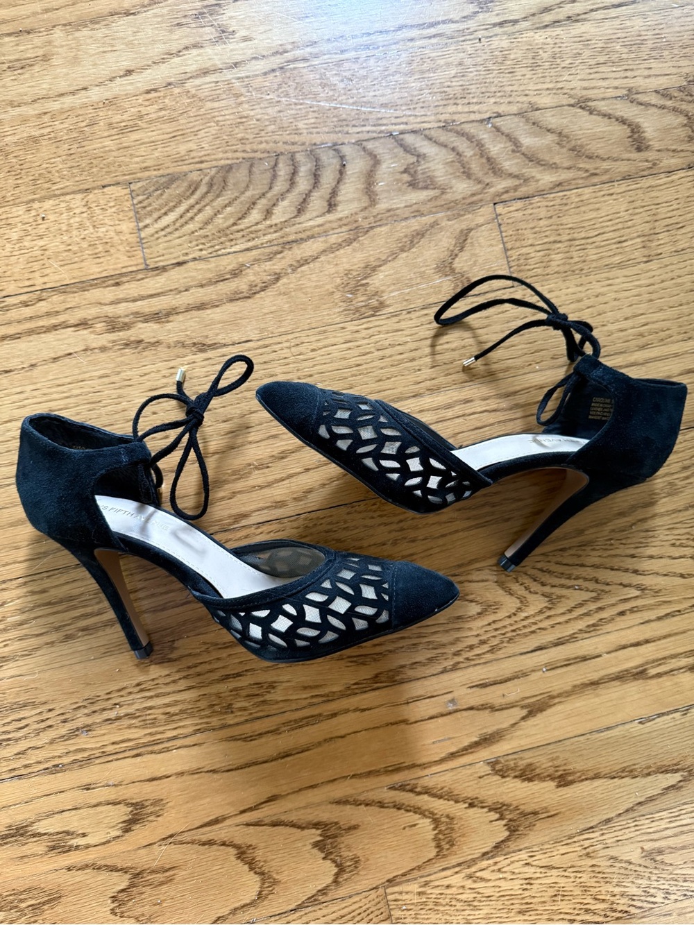 Black Lace Cutout Pointed-Toe High Heels with Ankle Tie